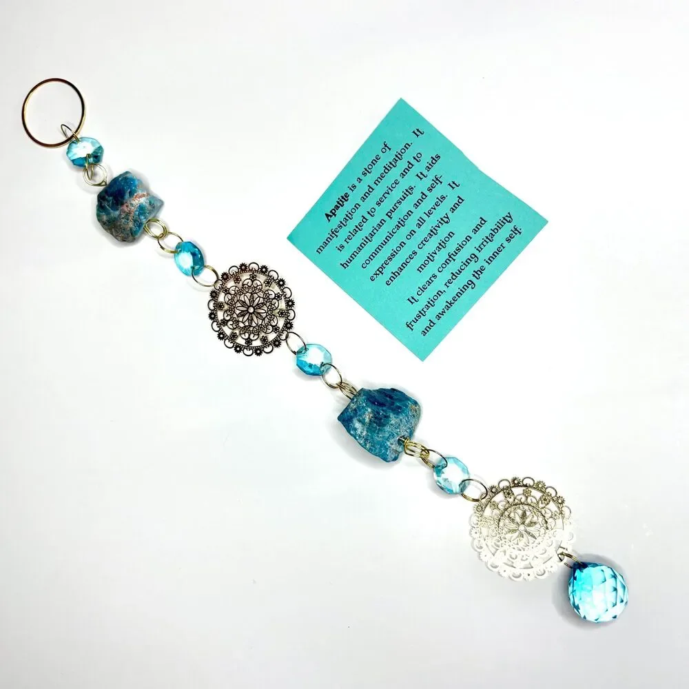 Raw Blue Apatite Hanging | Gold Mandala Filigree Charm | Blue Crystal Prism